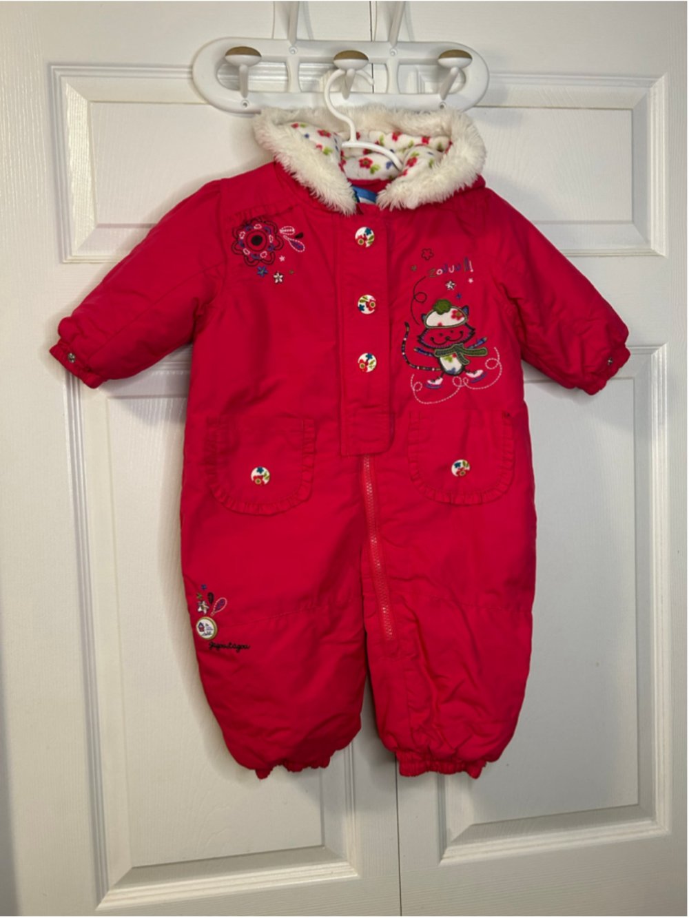 Gagou Tagou Baby Girls Pink Snowsuit 12M Floral Cat One-Piece Winter Suit